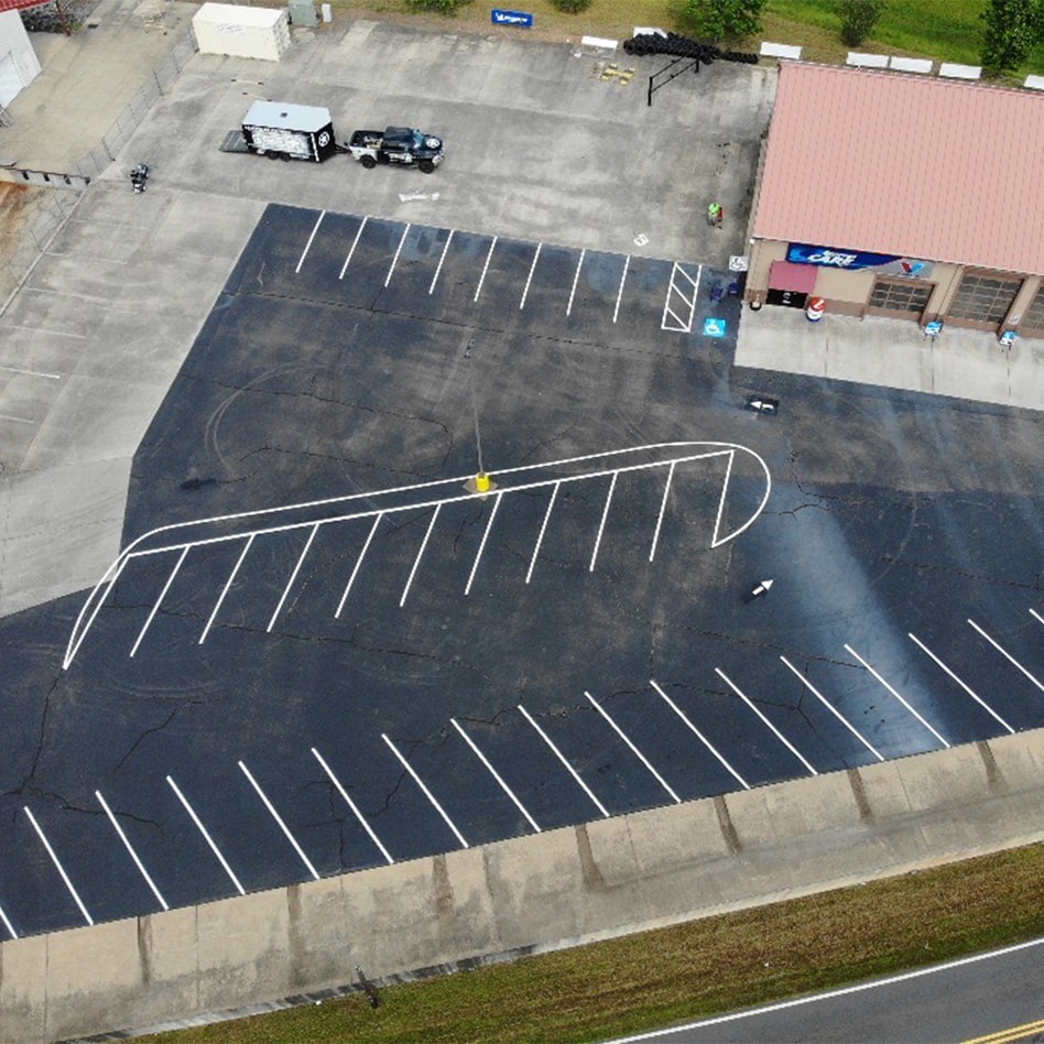 Overhead front view of Cannon Auto Repair’s new parking spaces in Jasper, GA