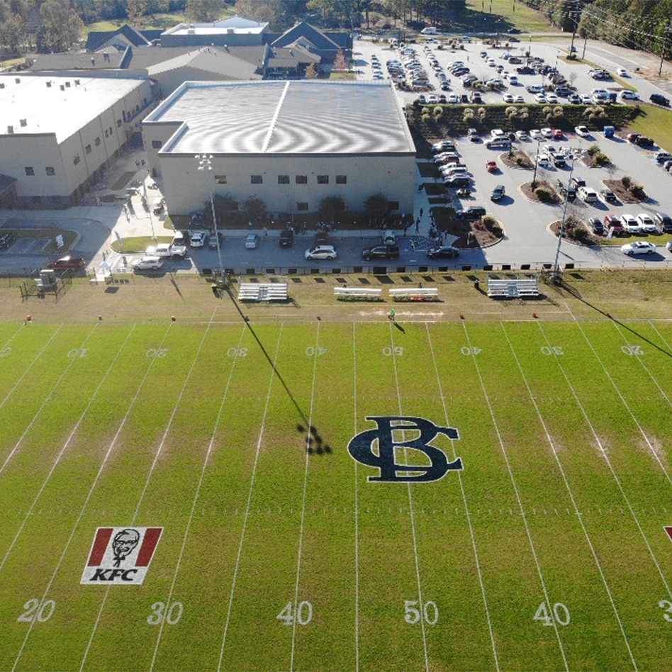 Overhead view of newly striped football field at Bethlehem Christian Academy
