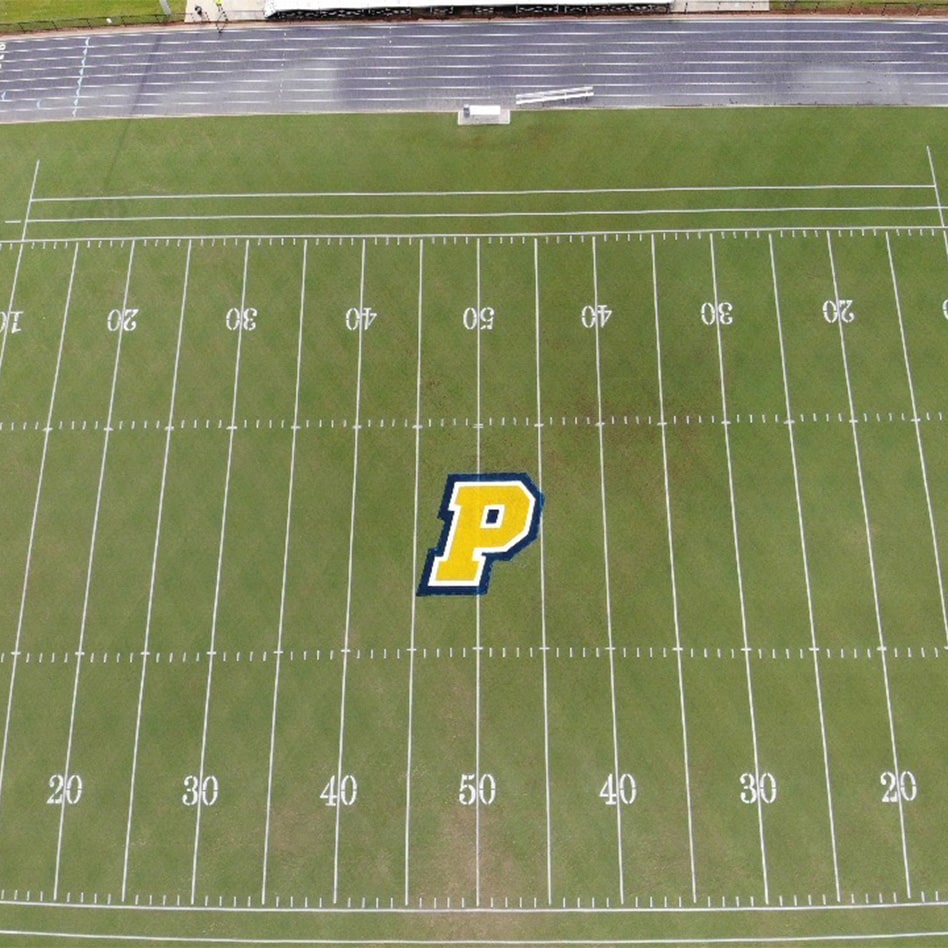 Overhead view of newly striped football field at Prince Avenue Academy