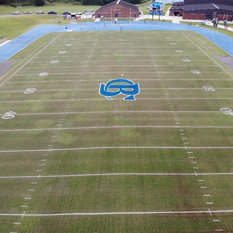 Side shot of newly striped football field at Banks County High School