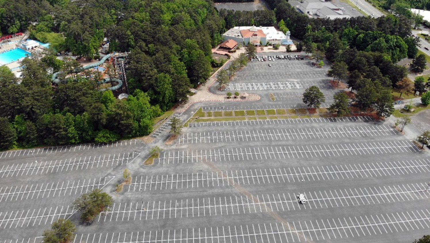 birds eye view of parking lot line striping at Six Flags Whitewater in Marietta, GA