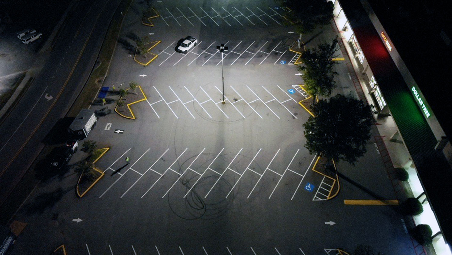 aerial shot of re-striped parking lot