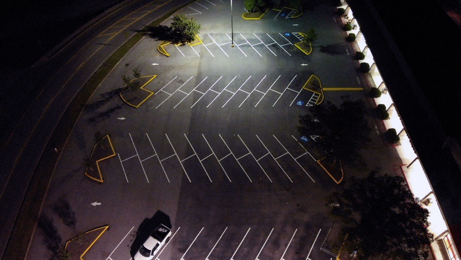aerial shot of recently striped parking lot