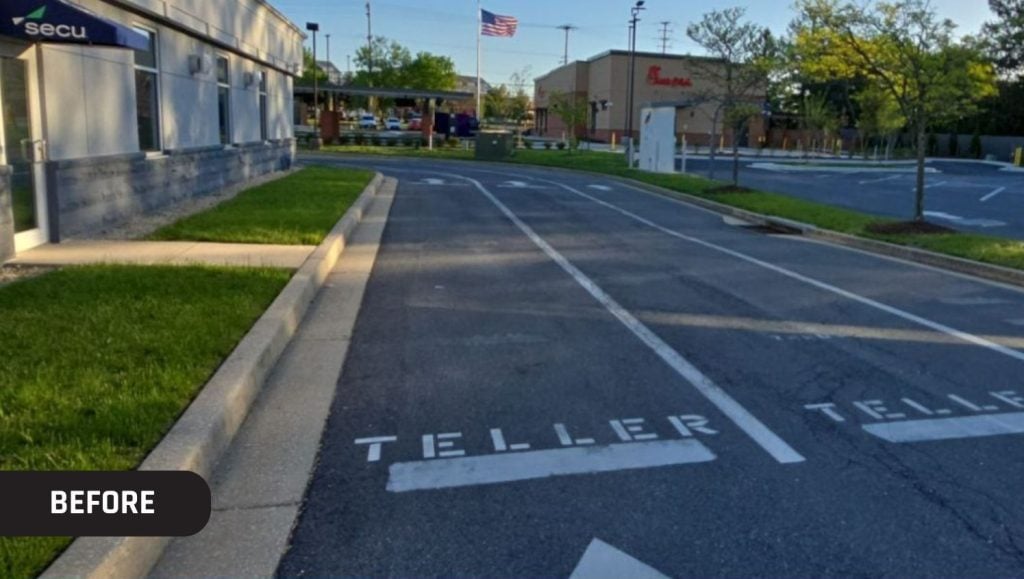 before portrait of SECU Towson parking lot with faded lines