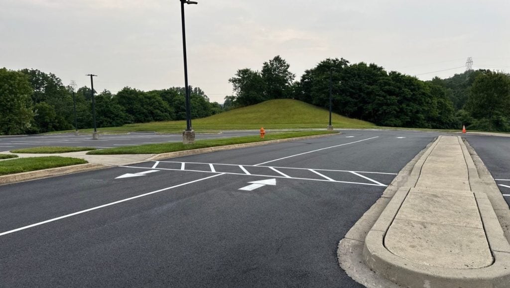 freshly painted line striping for S.E.J. Paving parking lot