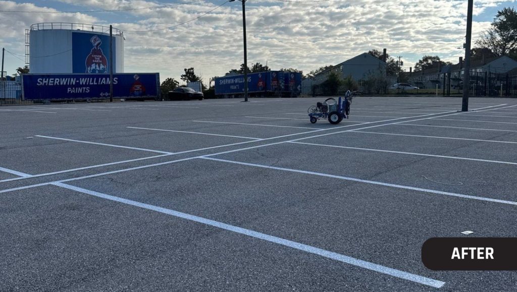 after portrait of Sherwin Williams parking lot freshly painted