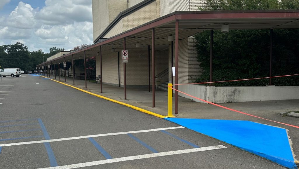 crosswalk freshly painted for Heymann Performing Arts Center parking lot