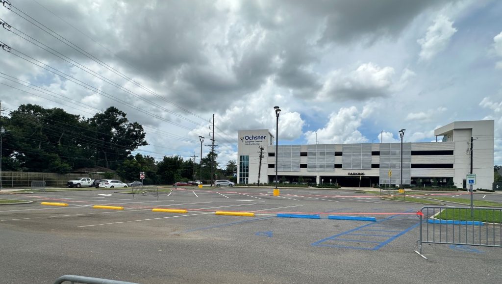 parking spots freshly painted for Heymann Performing Arts Center parking lot