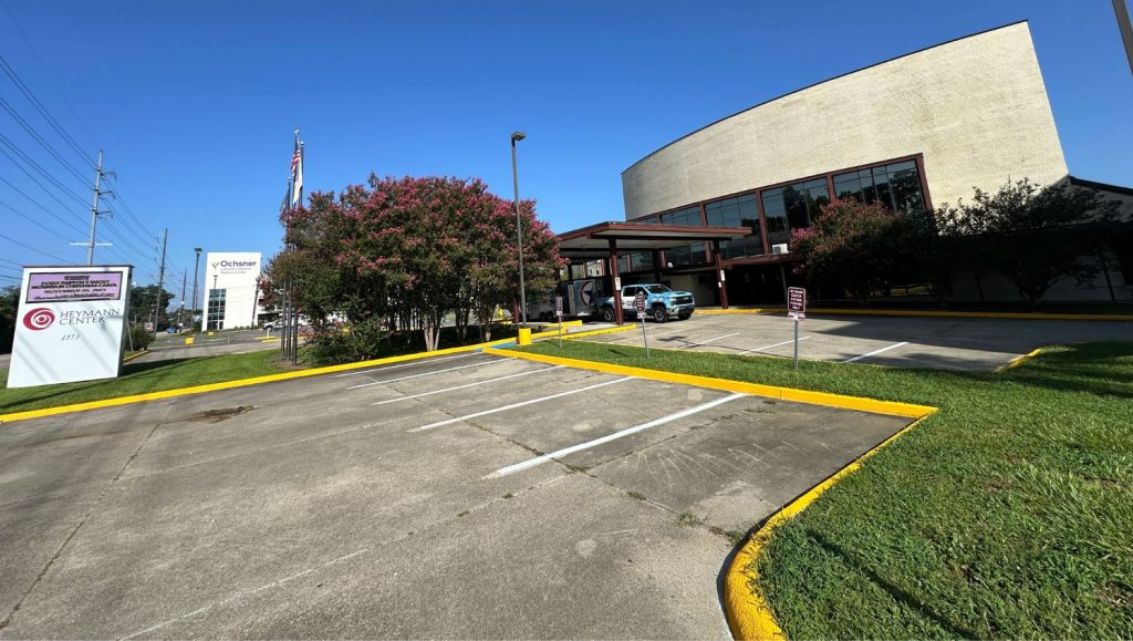 close-up of parking spots freshly painted for Heymann Performing Arts Center parking lot