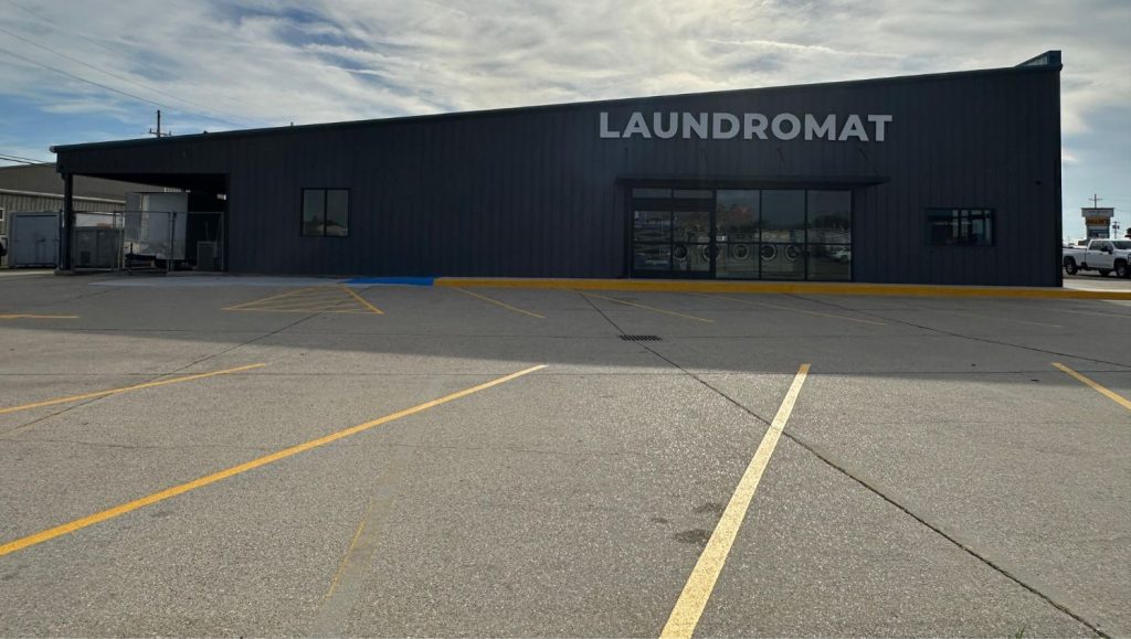 yellow line markings freshly painted for Gator Laundry