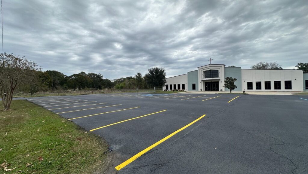Vineyard Church parking lot freshly painted with line markings