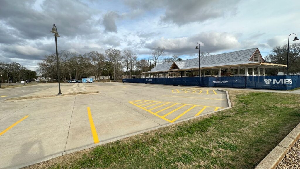 yellow line markings freshly painted for St. Joseph Catholic Church parking lot
