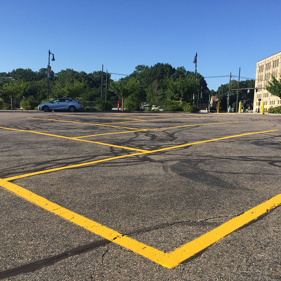 newly re-striped parking lot on the boston university campus