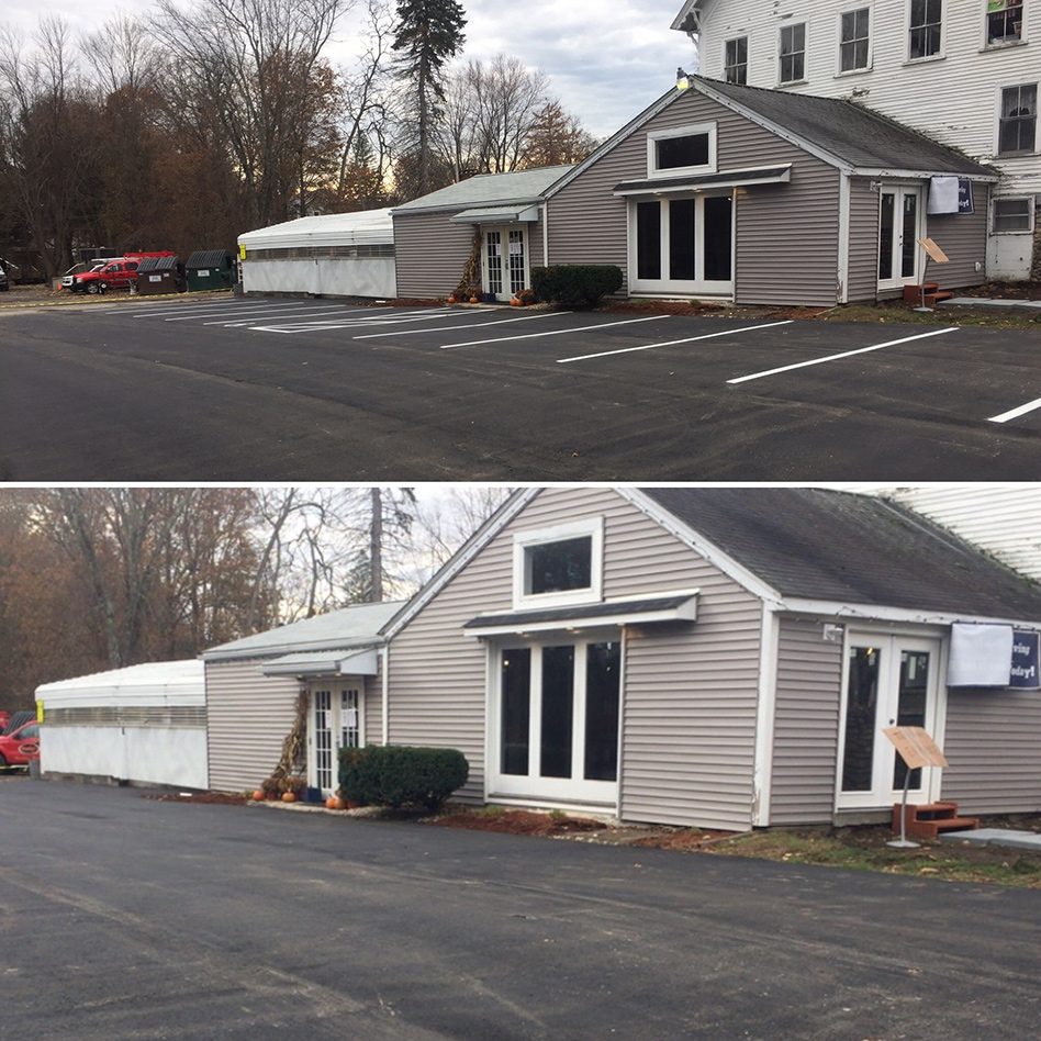 Before and after view of parking stalls in front of entrance at Matley’s Hot Tins and Pool’s