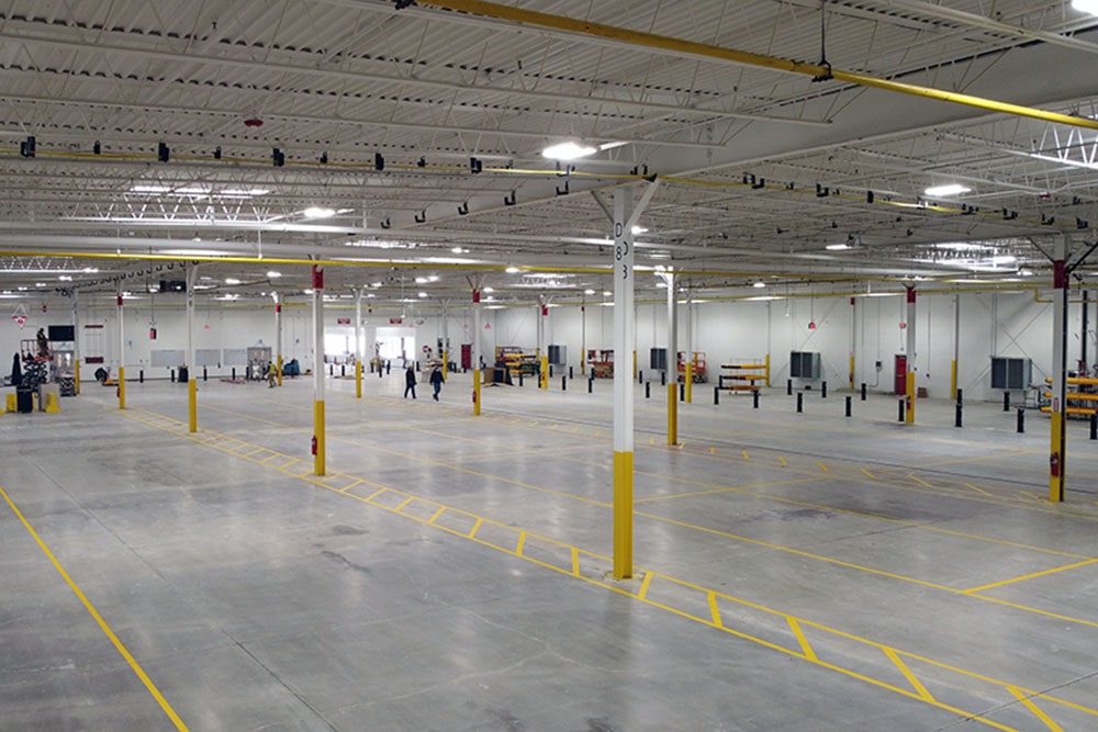 new warehouse markings inside Amazon distribution center in Worcester, MA