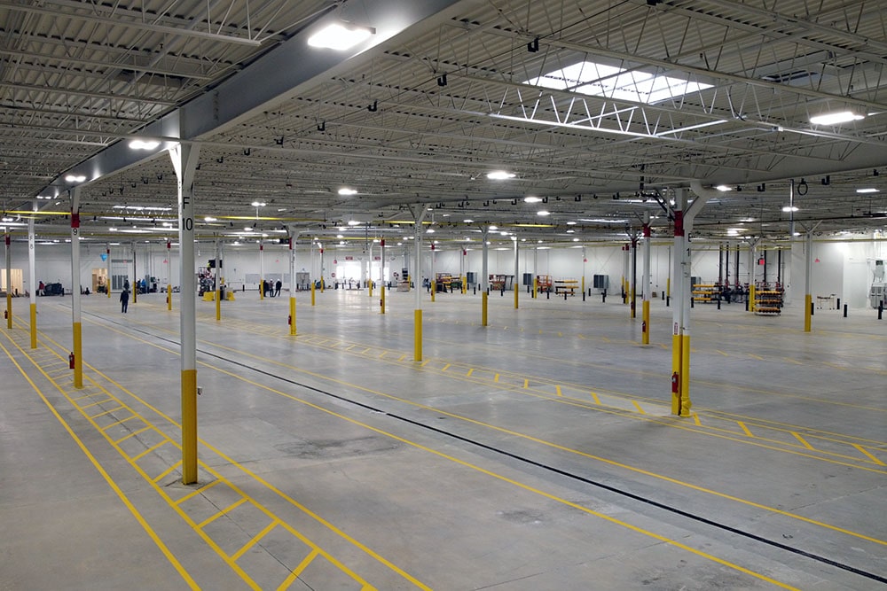 new warehouse striping inside Amazon distribution center in Worcester, MA