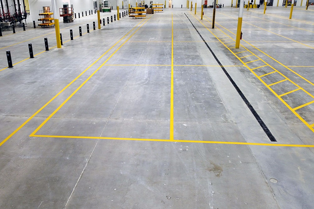 square layout markings inside Amazon distribution center in Worcester, MA