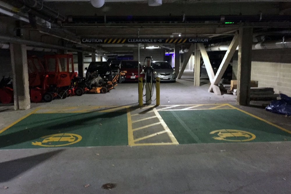 new ev parking stall striping inside boston university parking garage