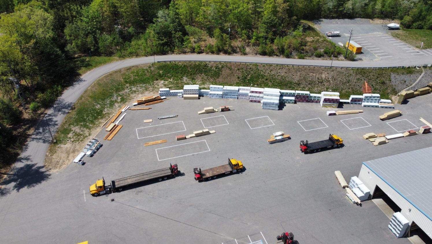 an aerial view of seven striped boxes