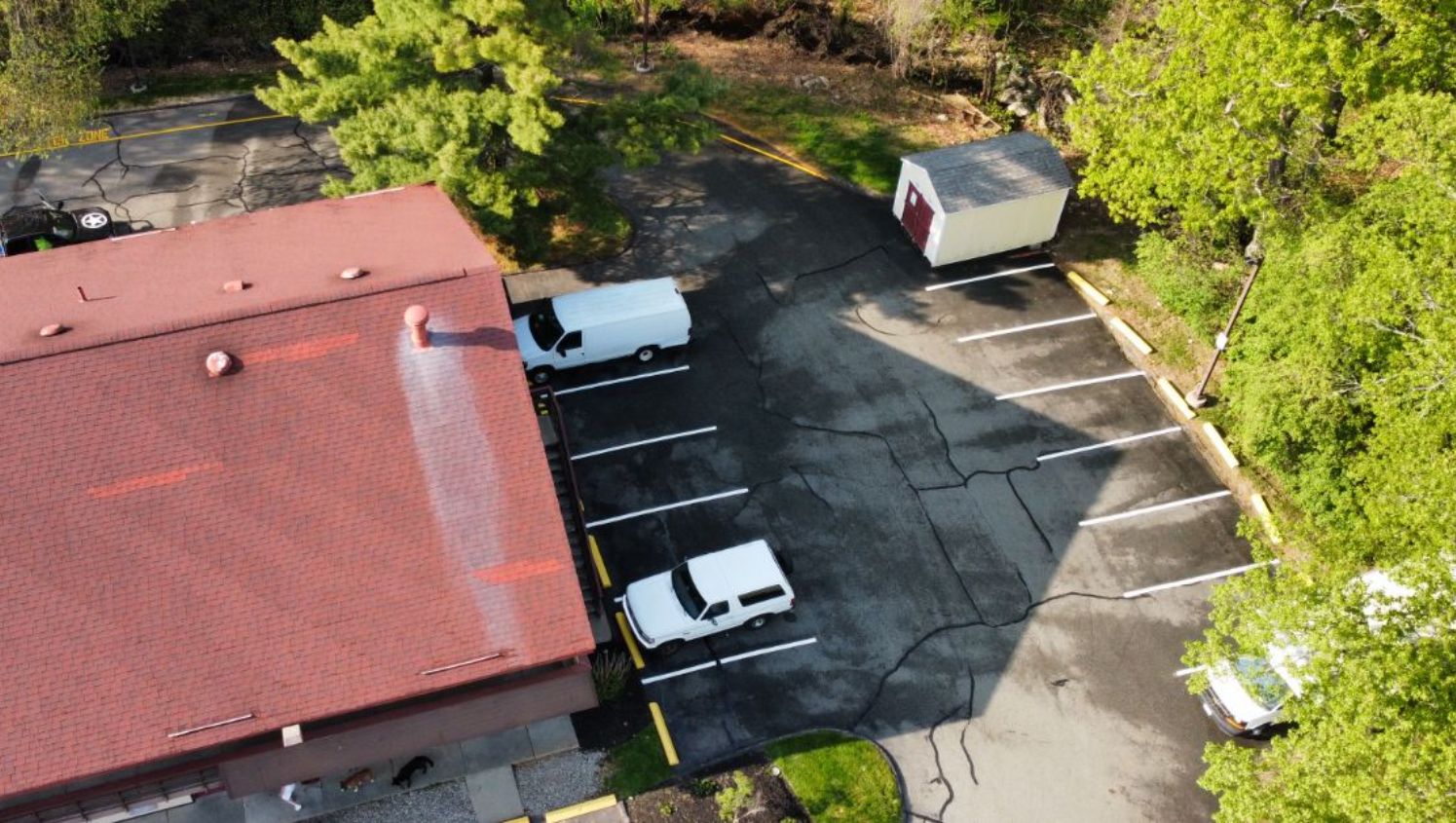 an aerial view of the parking lot