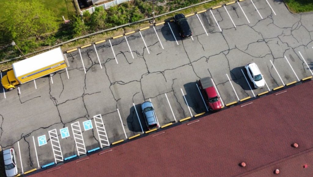an aerial view of new line stripes
