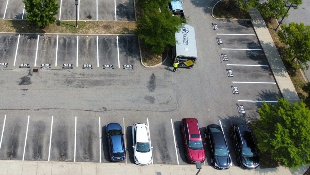 aerial view of Brooksby Village parking lot freshly painted