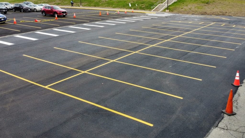 parking spots freshly painted for Lowell Hospital parking lot