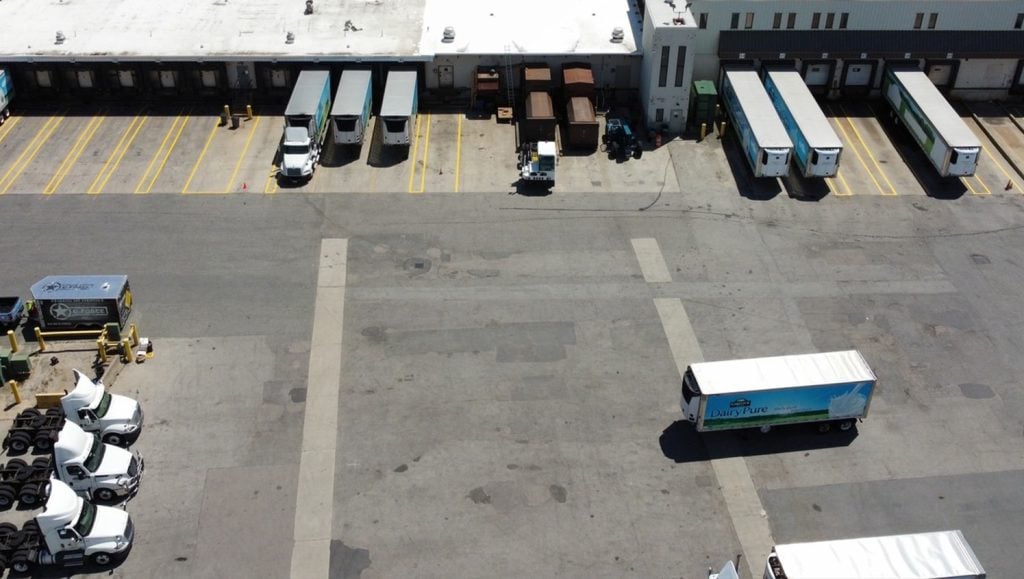 aerial view of Garelick Farms parking lot freshly painted