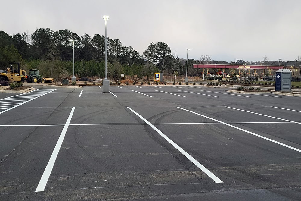 front view of new parking lot stalls in a Rock Hill, SC Aldi