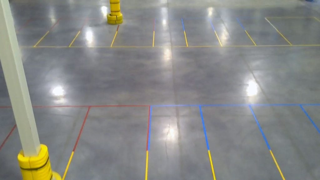 red, yellow, and blue warehouse markings