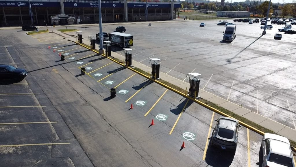 aerial view of City of Joliet parking lot with freshly painted ev charging markings