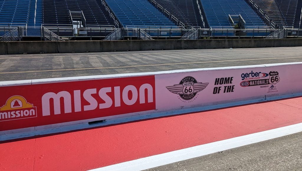 close-up of freshly painted line markings for National Hot Rod Association
