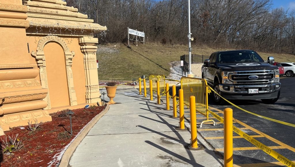 Hindu Temple of Greater Chicago parking lot with new bollards installed