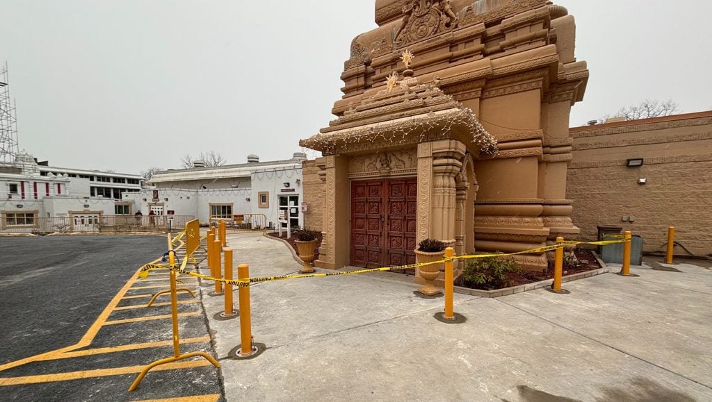 front view of Hindu Temple of Greater Chicago with new bollards installed