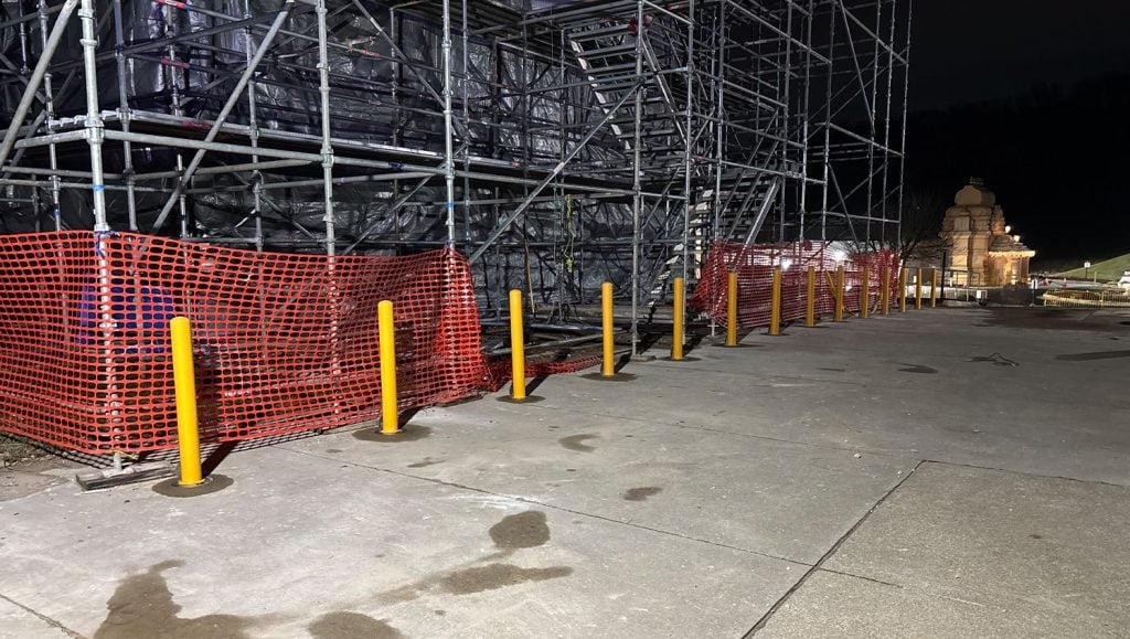 close-up of bollards installed for Hindu Temple of Greater Chicago parking lot