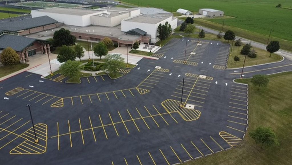 aerial view of freshly painted parking lot