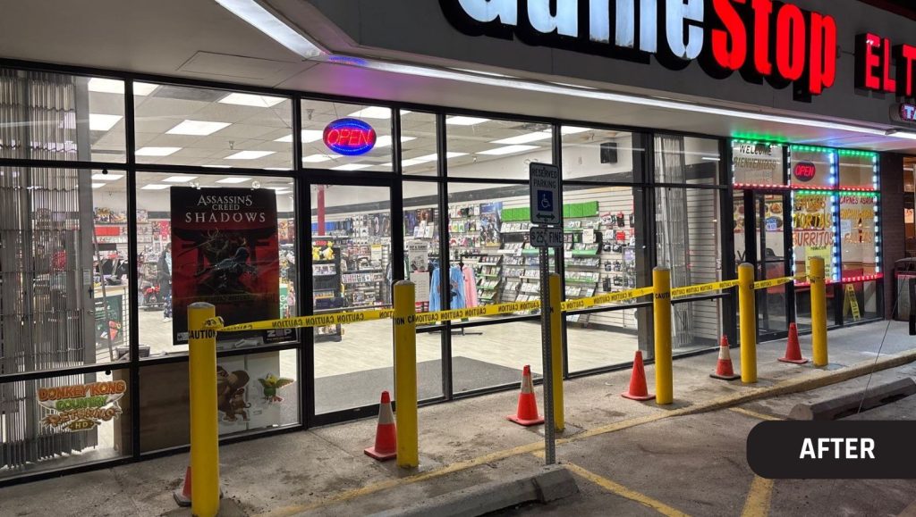 Game Stop parking lot with new bollards installed