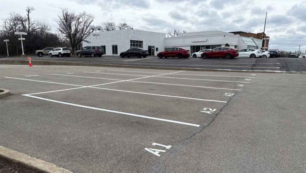freshly painted parking spots for Tesla parking lot
