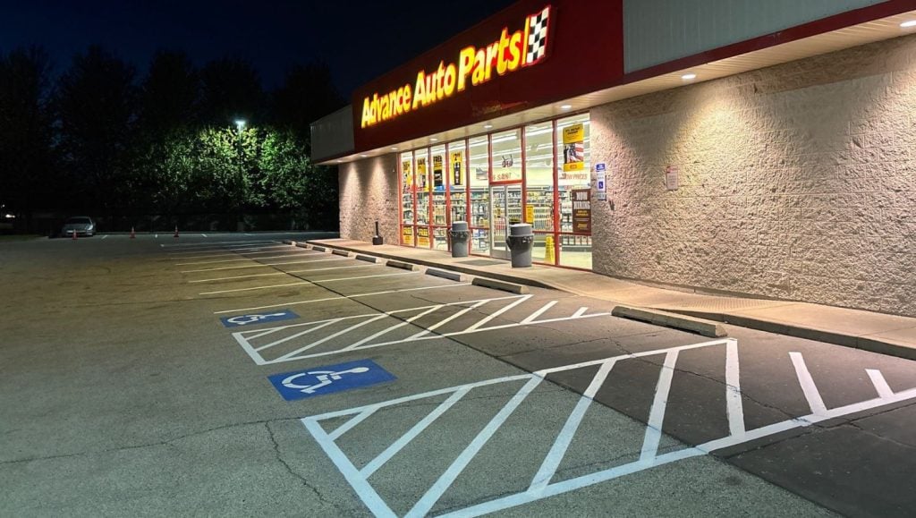 close-up of Advance Auto Parts parking spots freshly painted