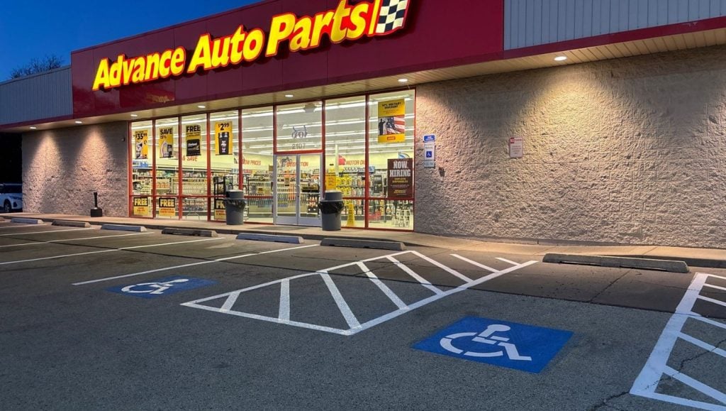 close-up view of ada compliance parking spots for Advance Auto Parts parking lot