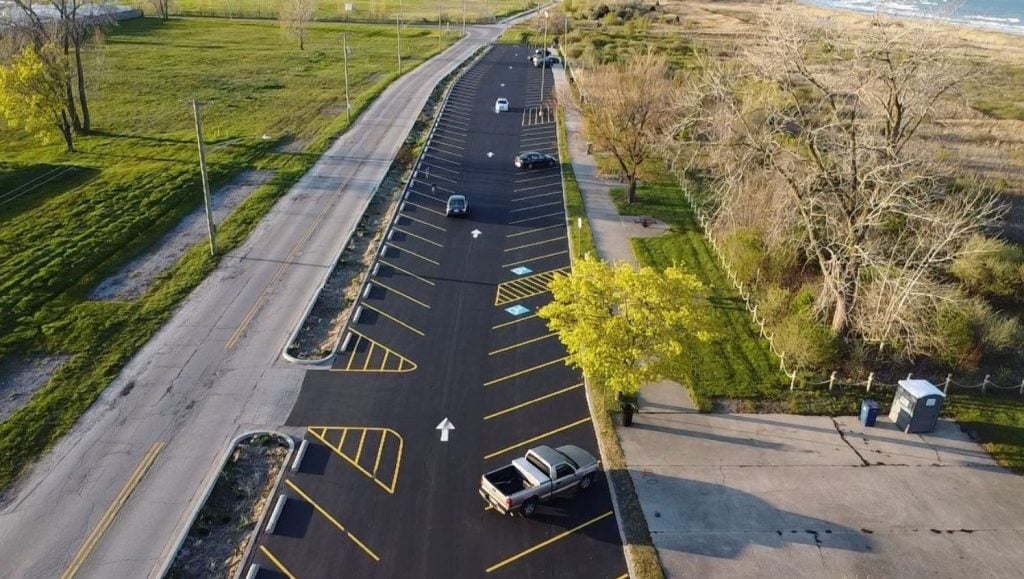 aerial view of freshly painted parking spot for City of Waukegan