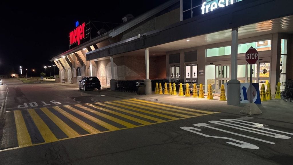 freshly painted crosswalk for Meijer parking lot