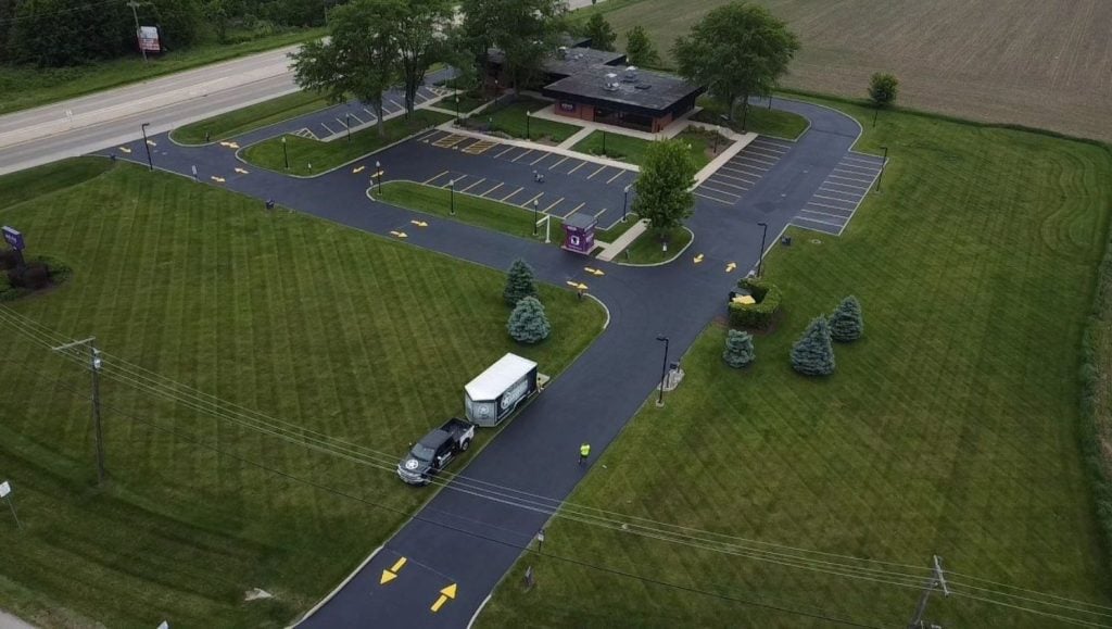 Advia Credit Union parking lot freshly painted aerial view