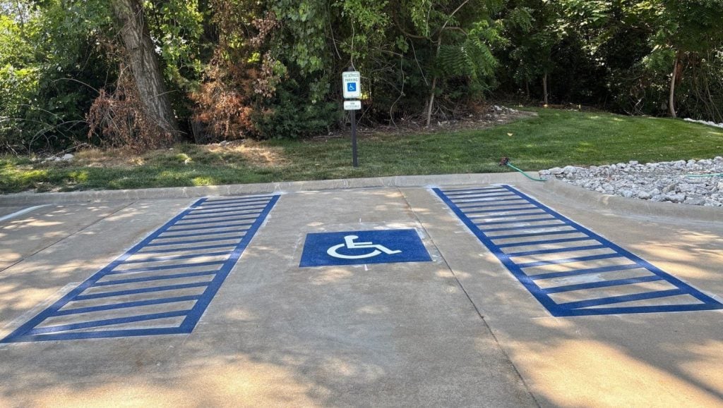 front view of Quincy National Cemetery parking spots freshly painted