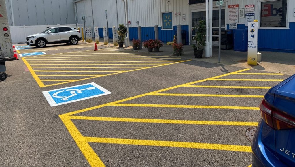 close-up of freshly painted line striping for Walmart Distribution Center parking lot