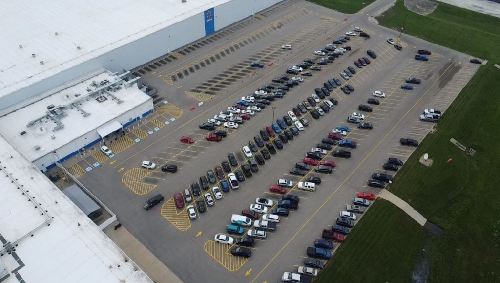 aerial view of Walmart Distribution Center parking lot with freshly painted parking spots