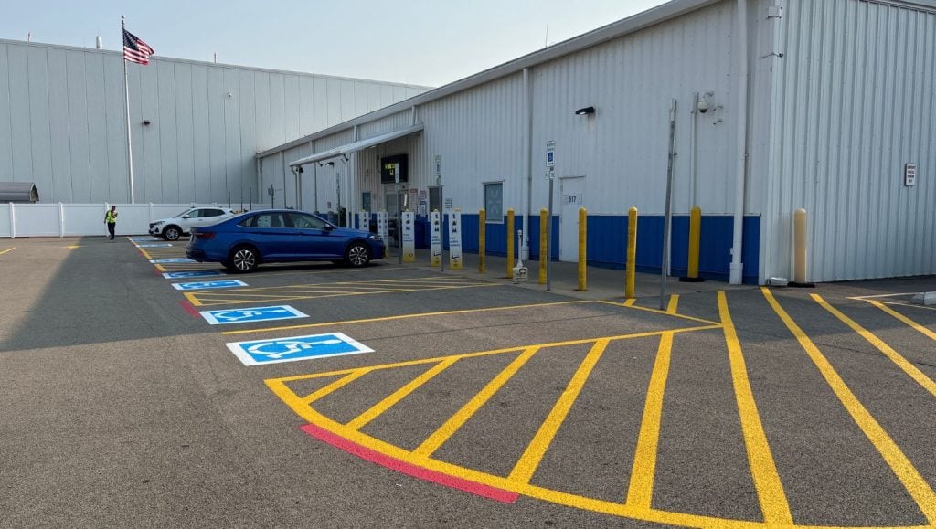 ada compliance parking spots freshly painted for Walmart Distribution Center parking lot