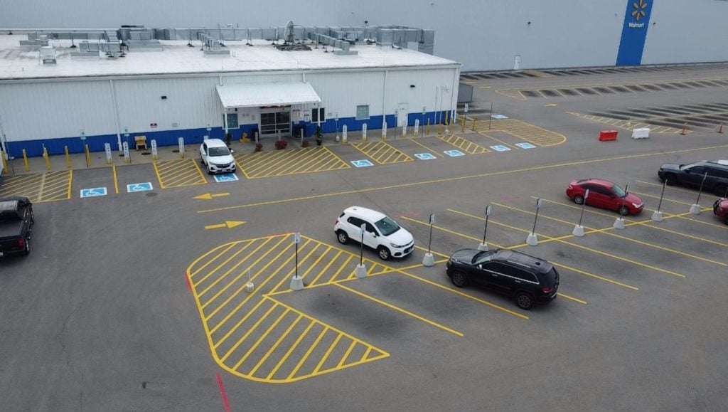 Walmart Distribution Center parking lot freshly painted aerial view