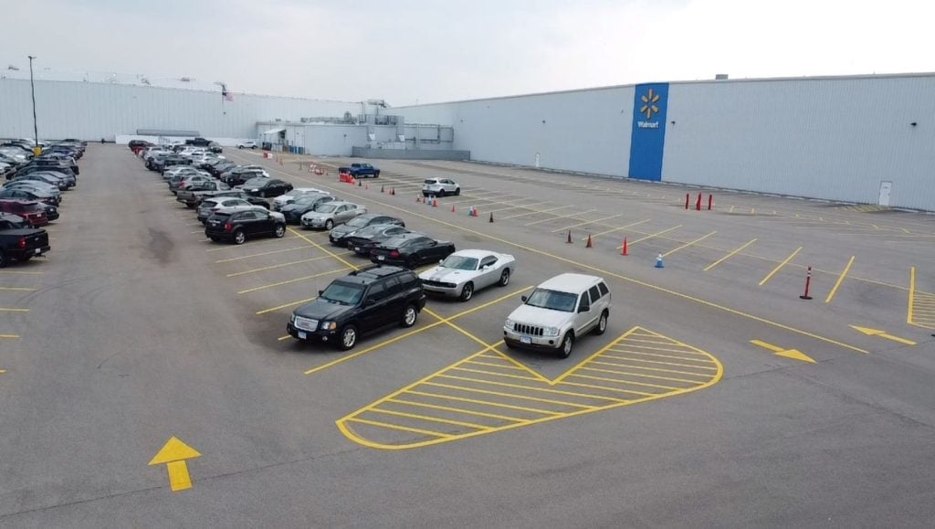 aerial view of Walmart Distribution Center parking lot freshly painted