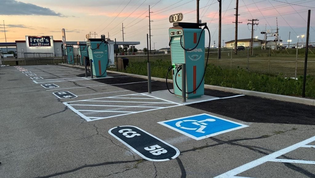 close-up of ev charging bay markings freshly painted for The Osborne Company parking lot